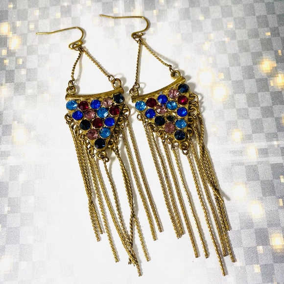 Vintage Jewelry - Very cool vintage long boho hippie multi rhinestone and gold chain earrings